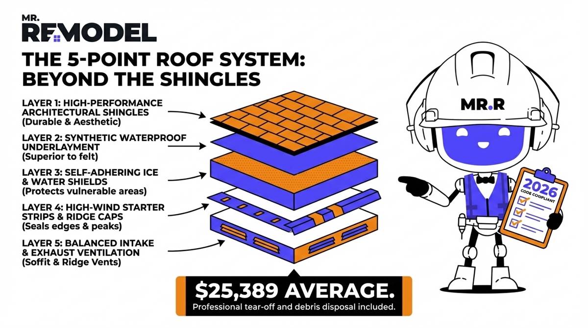 A 2026 asphalt roofing summary infographic illustrating the five layers of a professional $25,389 system, including architectural shingles, synthetic underlayment, and high-wind starters.